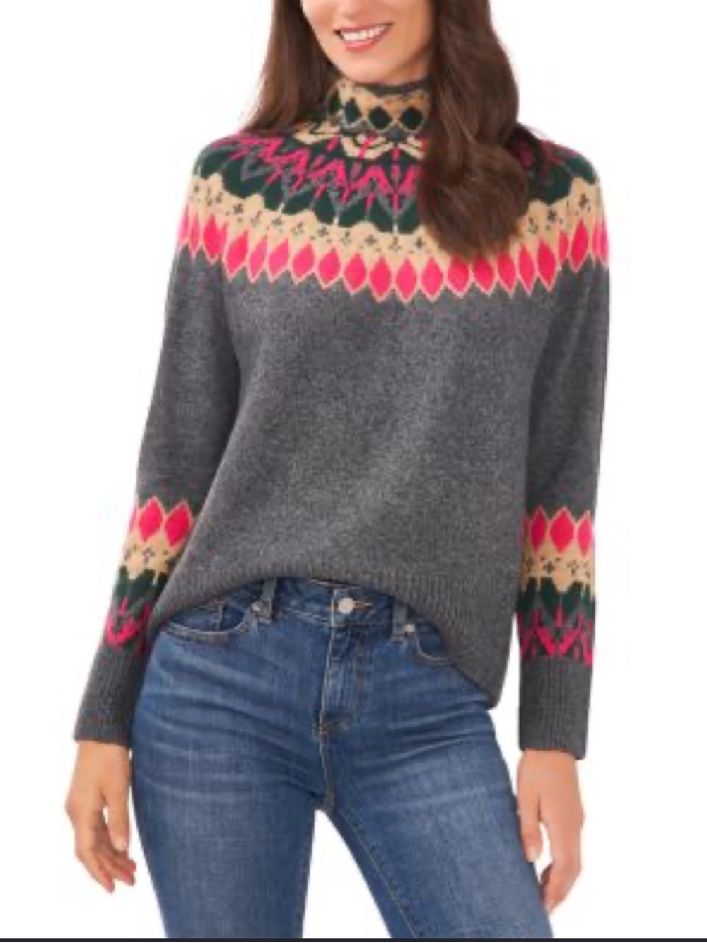 CeCe Fair Isle Funnel Neck Sweater, Grey/Pink, XL, EUC